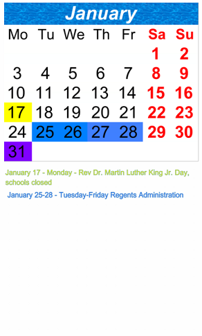 District School Academic Calendar for Bushwick Community High School for January 2022