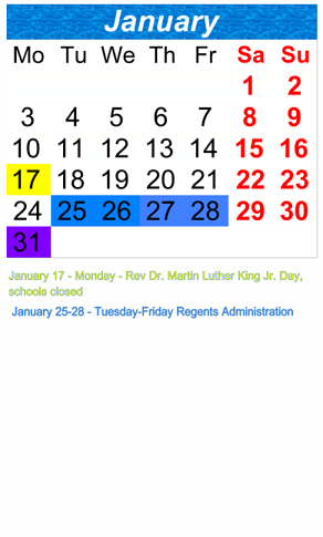 District School Academic Calendar for Benjamin N. Cardozo High School for January 2022