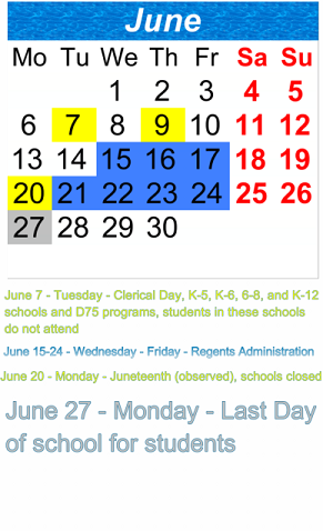 District School Academic Calendar for P.S. 193 Alfred J. Kennedy School for June 2022