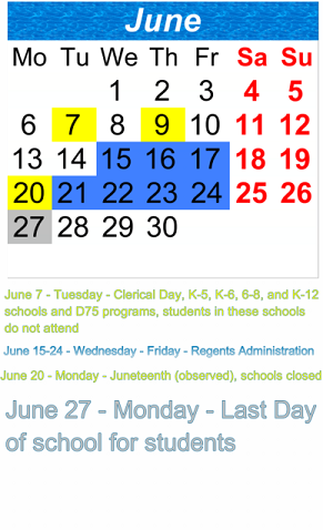 District School Academic Calendar for P.S. 163 Flushing Heights School for June 2022