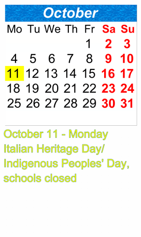 District School Academic Calendar for P.S. 187 Hudson Cliffs School for October 2021