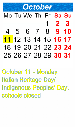 District School Academic Calendar for P.S. 178 DR. Selman Waxman School for October 2021