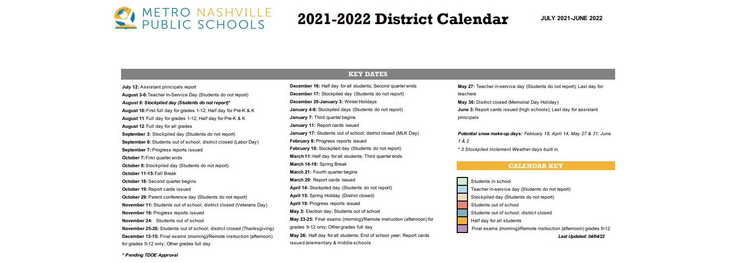 District School Academic Calendar Key for Murrell Special Education