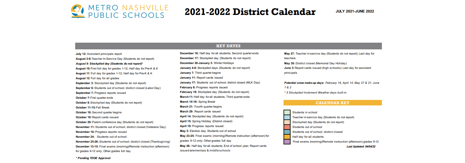 District School Academic Calendar Key for Glenn Enhance Option School