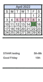 District School Academic Calendar for Natalia Early Child Ctr for April 2022