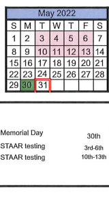 District School Academic Calendar for Natalia Elementary for May 2022