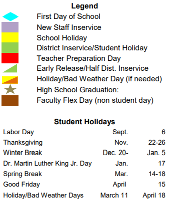 District School Academic Calendar Legend for John C Webb Elementary