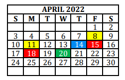 District School Academic Calendar for Alternative Education School for April 2022