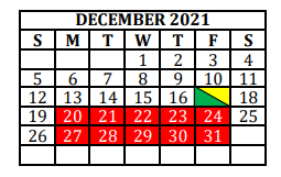 District School Academic Calendar for Alternative Education School for December 2021