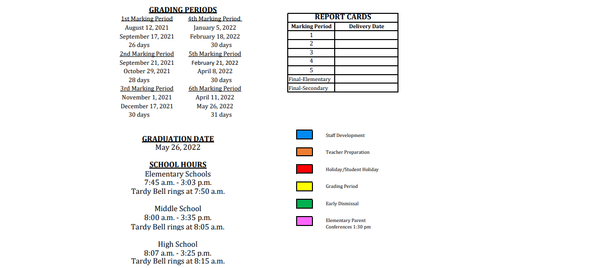 District School Academic Calendar Key for Alternative Education School