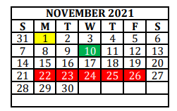 District School Academic Calendar for Alternative Education School for November 2021