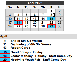 District School Academic Calendar for Needville Middle for April 2022