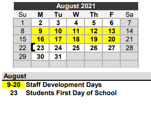 District School Academic Calendar for Needville El for August 2021