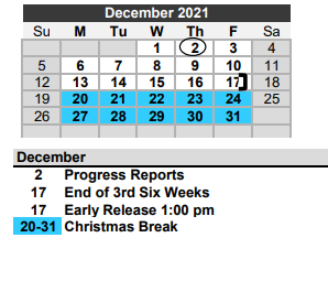 District School Academic Calendar for Needville El for December 2021