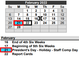 District School Academic Calendar for Needville El for February 2022