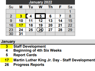District School Academic Calendar for Needville Middle for January 2022