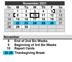 District School Academic Calendar for Needville H S for November 2021