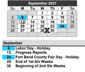 District School Academic Calendar for Needville El for September 2021
