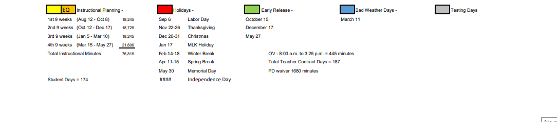 District School Academic Calendar Key for New Boston Middle
