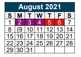 District School Academic Calendar for Valley Ranch Elementary for August 2021
