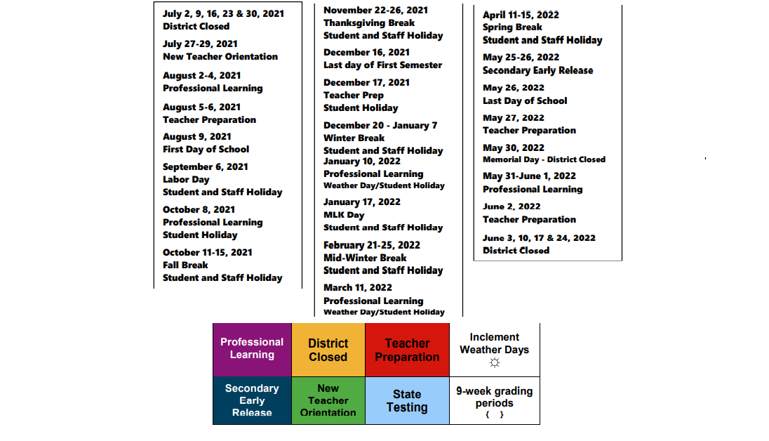 District School Academic Calendar Key for Bens Branch Elementary