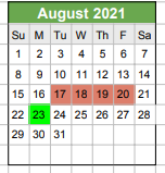 District School Academic Calendar for Headstart for August 2021