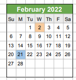 District School Academic Calendar for Headstart for February 2022