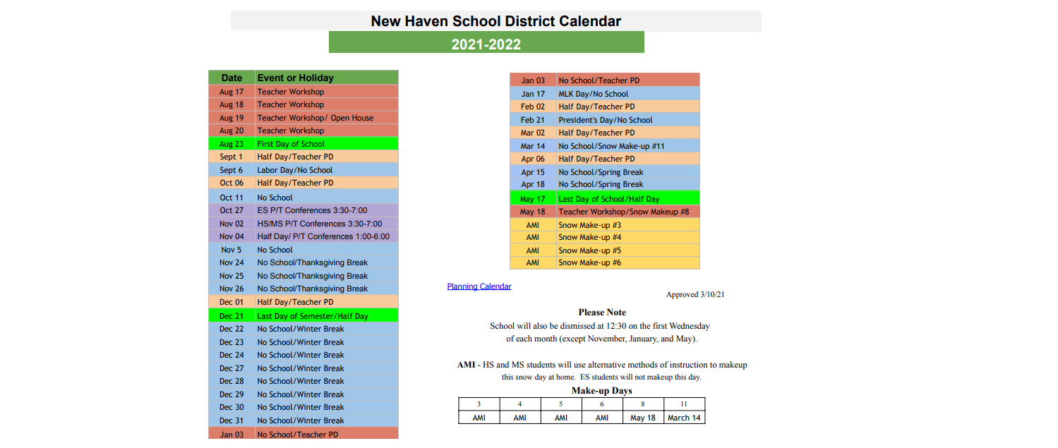 District School Academic Calendar Key for New Haven Academy