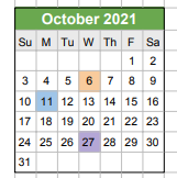 District School Academic Calendar for Headstart for October 2021