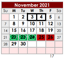 District School Academic Calendar for New Waverly Intermediate for November 2021