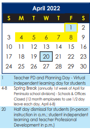 District School Academic Calendar for Lee Hall Elementary for April 2022