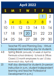 District School Academic Calendar for Denbigh Early Childhood Center for April 2022