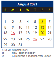 District School Academic Calendar for T. Ryland Sanford Elementary for August 2021