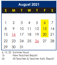 District School Academic Calendar for Denbigh Early Childhood Center for August 2021