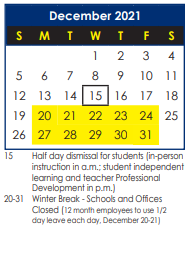 District School Academic Calendar for Watkins Early Childhood Center for December 2021