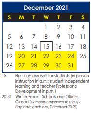 District School Academic Calendar for B. C. Charles Elementary for December 2021