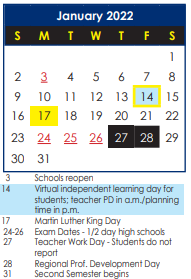 District School Academic Calendar for Lee Hall Elementary for January 2022