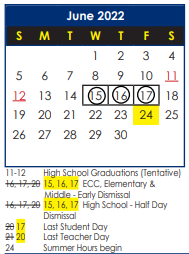 District School Academic Calendar for Lee Hall Early Childhood Center for June 2022