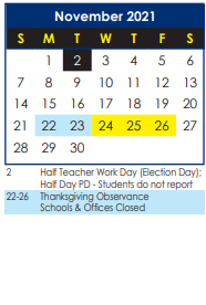 District School Academic Calendar for Watkins Early Childhood Center for November 2021