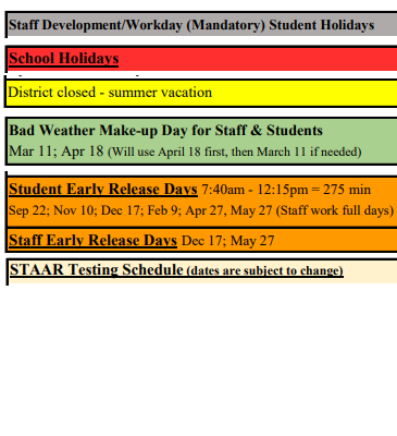 District School Academic Calendar Legend for Nixon Smiley Elementary