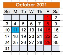 District School Academic Calendar for Nocona High School for October 2021