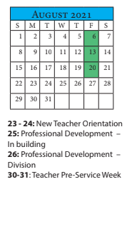 District School Academic Calendar for Mary Calcott ELEM. for August 2021