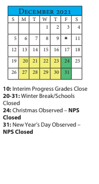 District School Academic Calendar for Poplar Halls ELEM. for December 2021