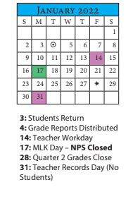 District School Academic Calendar for Richard Bowling ELEM. for January 2022