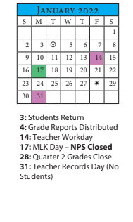 District School Academic Calendar for School Of Internl Studies At Meadowbrook for January 2022