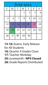 District School Academic Calendar for Mary Calcott ELEM. for June 2022