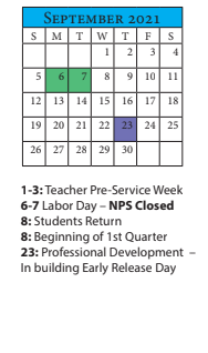 District School Academic Calendar for Mary Calcott ELEM. for September 2021