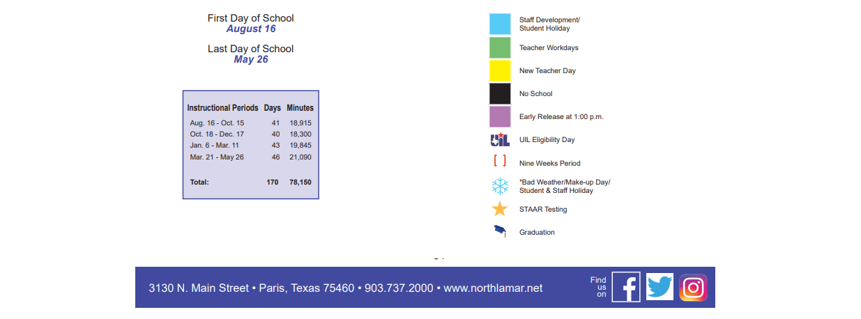 District School Academic Calendar Key for North Lamar H S