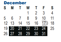 District School Academic Calendar for Excel Academy for December 2021