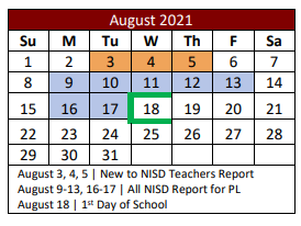 District School Academic Calendar for Denton Creek for August 2021